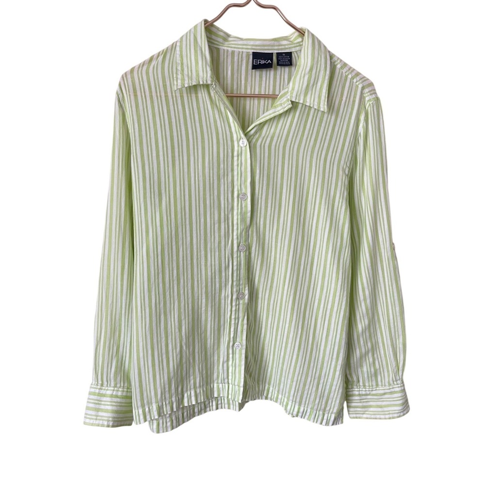 Erika Lime Green White Striped Button Down Shirt Womens Medium 100% Cotton